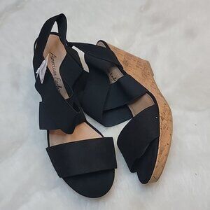 AMERICAN EAGLE Black Open Toe Boho Strappy Faux Cork Slip On Wedge Heel Sandals